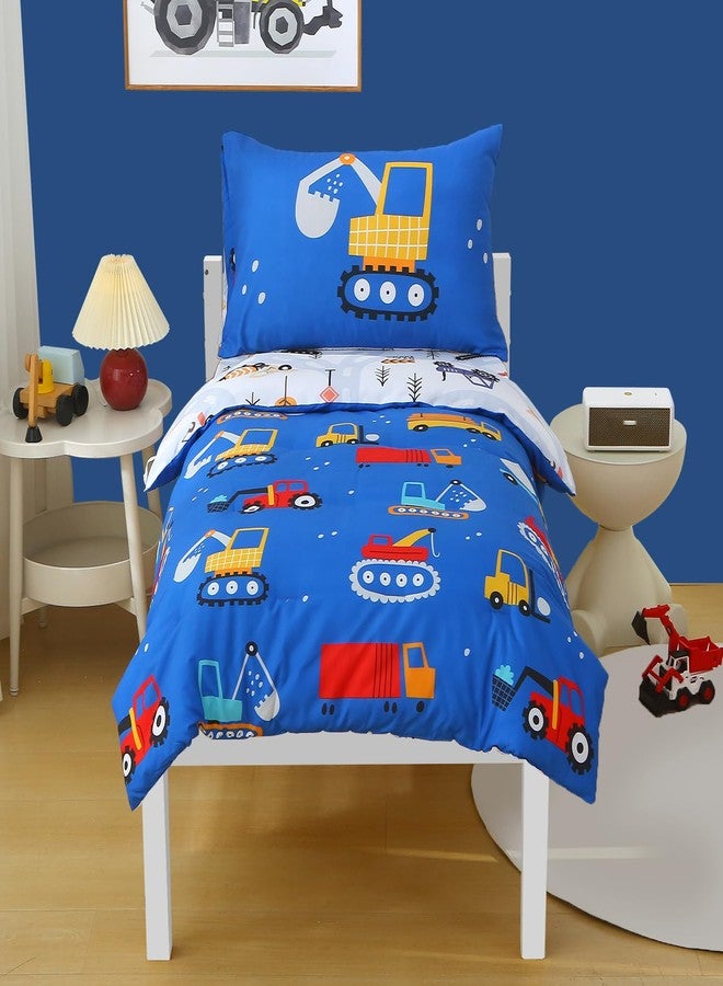 JQWUPUP Blue Cartoon Car Construction Toddler Bedding Set for Boys, 4 Piece Reversible Truck Lightweight Toddler Comforter with Bed Sheet Set - Image 1